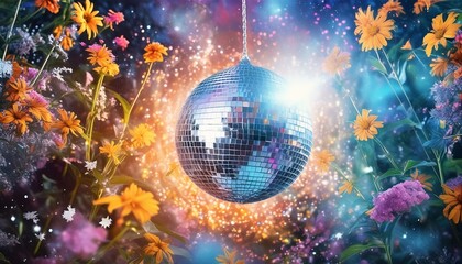 Design an imaginative composition featuring a disco ball surrounded by a cosmic backdrop. The artwork combines elements of fantasy and disco aesthetics, creating a visually captivating scene that tran - Powered by Adobe