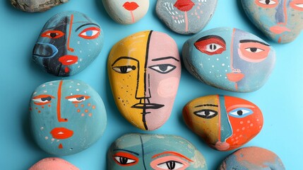 Hand-painted expressive faces on pastel colored stones arranged on a blue background with playful shadows