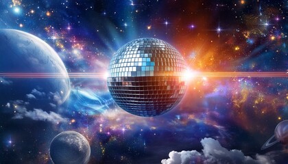 Design an imaginative composition featuring a disco ball surrounded by a cosmic backdrop. The artwork combines elements of fantasy and disco aesthetics, creating a visually captivating scene that tran