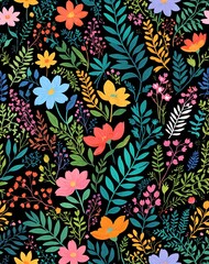 Colorful Botanical Spring Background Floral Flowers Organic Daisy Leaves Tulips Colors Nature Natural Organic Pattern Wallpaper Illustration Draw