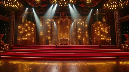 Golden regal awards stage with dark burgundy steps, backdrop for the shining of bollywood stars