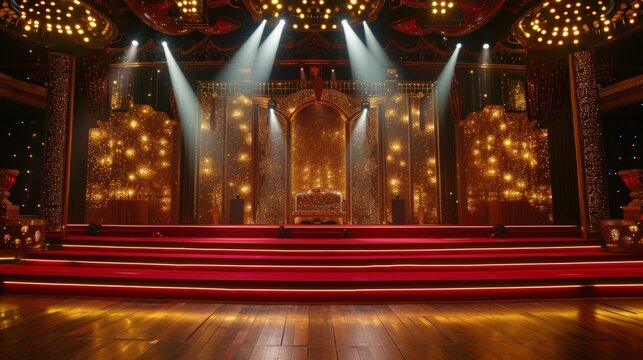 Golden regal awards stage with dark burgundy steps, backdrop for the shining of bollywood stars