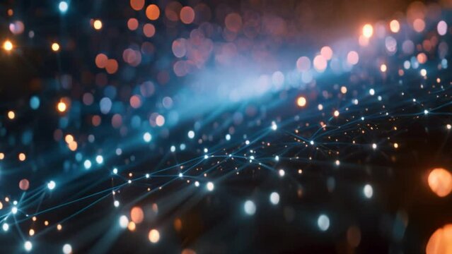 Digital lines and connection points move in space. network structure bright future technology background