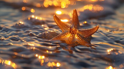 Starfish adrift on tranquil waters shimmering with sunset's golden kiss tells a serene narrative of marine beauty and evening calm.