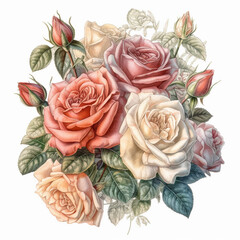 Hand-Drawn Rose Bouquet Illustration, Detailed Floral Art for Wedding, Greeting Cards, and Home Decor
