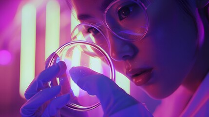 Curious scientist examining sample with magnifying glass in neon light laboratory