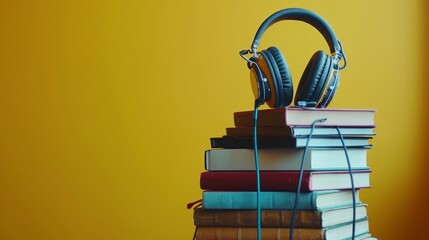 Stack of books with headphones dangling gracefully from them