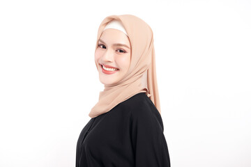 Beautiful young asian muslim woman wearing a beige hijab on white background, Portrait of Arab Beauty.