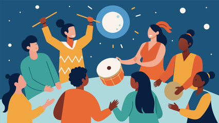 The drum circle becomes a sanctuary for those seeking solace and healing allowing them to release their emotions through the music.. Vector illustration