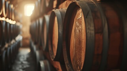 Vintage wooden barrels of wine stacked in a warehouse
