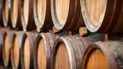Traditional wooden wine barrels gracefully aged in storage, with soft light