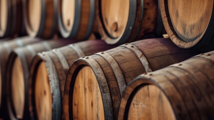 Traditional wooden wine barrels gracefully aged in storage, with soft light