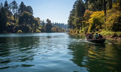 A Group of People Rowing in a Boat on a River