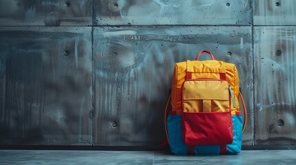 Vibrant school backpack with supplies displayed in orderly fashion on a grey concrete wall.