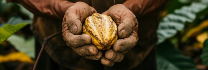 Holding a raw cocoa pod as the farmers hand gently reveals the treasure of white seeds hidden inside
