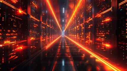 High-tech data center channel illuminated by the fiery currents of processing power, a spectacle of futuristic connectivity.