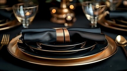 Beautiful Black and Gold Wedding Table with Ribbon-tied Napkins