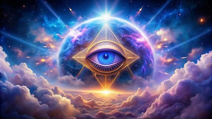 A majestic all-seeing eye emerges from a swirling nebula of cosmic clouds in calming shades of light blue and purple.