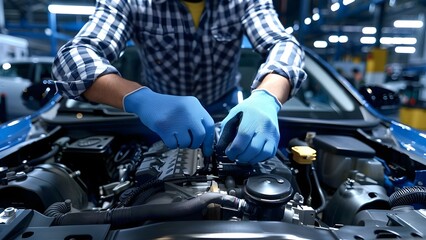 Auto mechanic in gloves repairing engine of a car. Concept Car Maintenance, Auto Repair, Engine Work, Mechanic in Action, Vehicle Repair