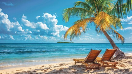 lounge chairs on tropical beach with copy space