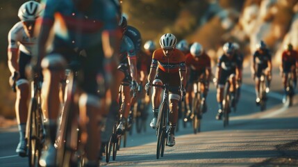 Close-up of a group of cyclists with professional racing sports gear riding on an open road cycling route.
