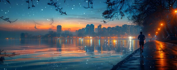 A man jogging along a clear urban waterfront promenade, with clear skies and city lights reflecting on the water.  - Powered by Adobe