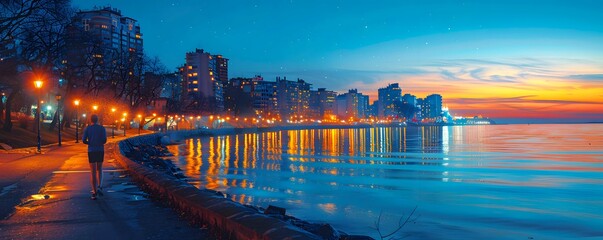 Fototapeta premium A man jogging along a clear urban waterfront promenade, with clear skies and city lights reflecting on the water. 
