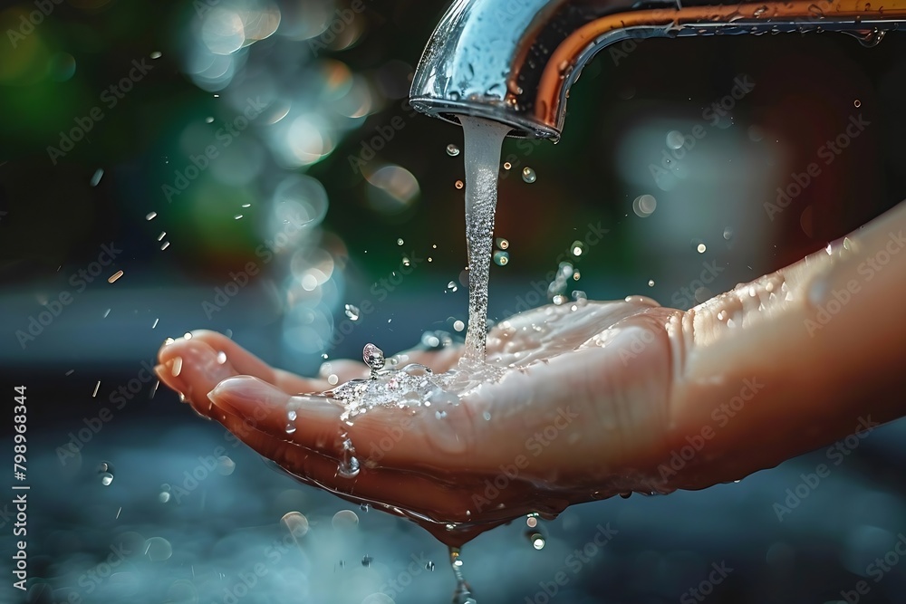 Aufkleber generative ai : a faucet from which only a few small drops of water are coming out, and a hand is tr