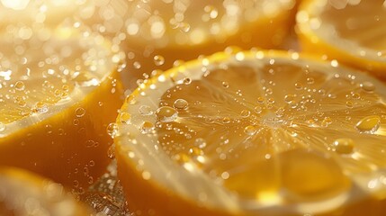 Luminous lemon slices with sparkling droplets arranged to emphasize their radiant hues and the purity of natural hydration in detail