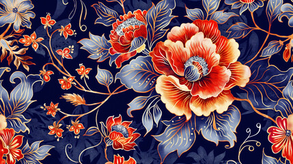 vintage elegant colors, very detailed watercolor beautiful large floral pattern on navy blue fabric-Enhanced - obrazy, fototapety, plakaty
