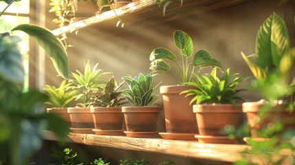 Serene array of fresh plants in terra cotta pots decorates a wooden shelf in a sunlit room.