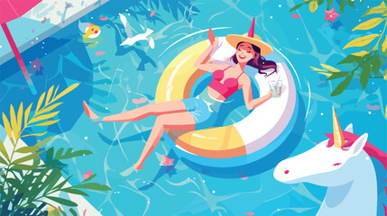 Happy woman having fun and floating on rubber ring