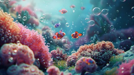 Fototapeta premium Picture of coral under the sea There were many kinds of small fish swimming around and the sea air bubbles were very beautiful.