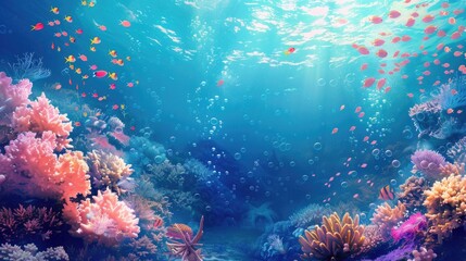 Picture of coral under the sea There were many kinds of small fish swimming around and the sea air bubbles were very beautiful. - obrazy, fototapety, plakaty