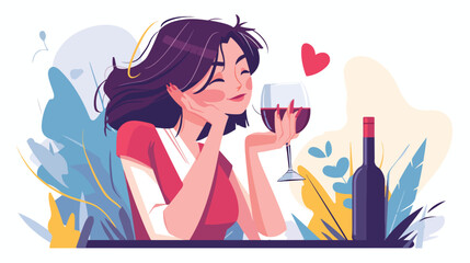 Happy woman hold red wine glass in hands tasting an