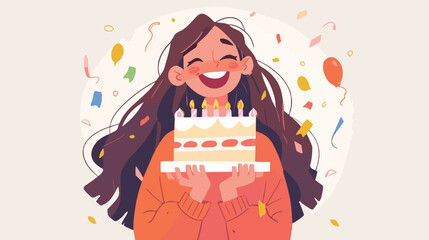 Happy woman holding birthday cake. Excited girl wit - obrazy, fototapety, plakaty