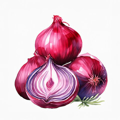 A vibrant watercolor depiction of red onions, their layers rendered in exquisite detail, evoking nature’s artistry - obrazy, fototapety, plakaty