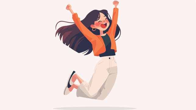 Happy woman jumping up with joy positive energy. Ex