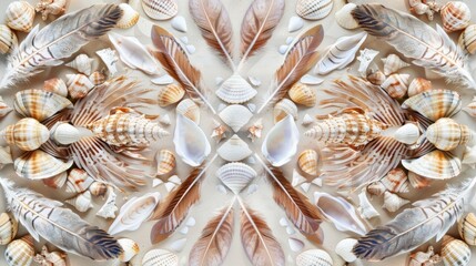 A collage of feathers and seashells arranged in a symmetrical pattern symbolizing the natural patterns of tidal movements..