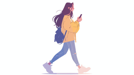 Happy woman walking and talking with mobile phone i