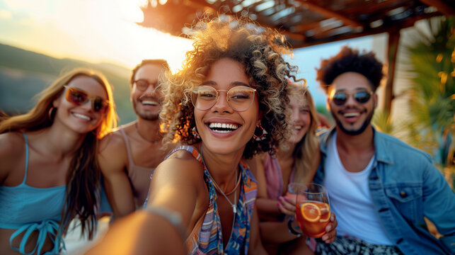 Happy woman taking selfie at an outdoor picnic with her group of multiracial friends. Celebrating friendship or meeting of friends.