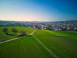 view of a German village with green fields in foreground