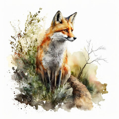 Realistic Watercolor Fox Art, Vibrant Woodland Wildlife Painting, Detailed Orange Fur Fox in Forest Setting, Nature Animal Illustration, Artistic Woodland Creature, Forest Fauna Artwork