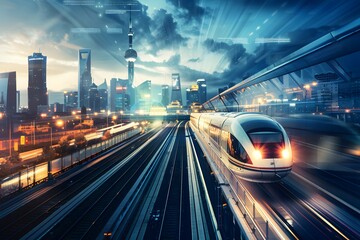 An express train speeds through a metropolitan area at twilight, its headlights illuminating the track ahead, modern skyline, with iconic towers and skyscrapers