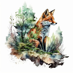 Realistic Watercolor Fox Art, Vibrant Woodland Wildlife Painting, Detailed Orange Fur Fox in Forest Setting, Nature Animal Illustration, Artistic Woodland Creature, Forest Fauna Artwork