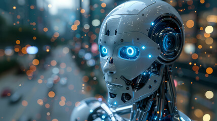 Fototapeta premium Urban Robot Portrait: Exploring the Cityscape