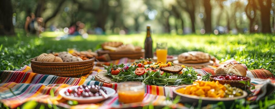 A group of friends having a clear outdoor potluck picnic in a grassy park, with colorful blankets spread out on the ground.