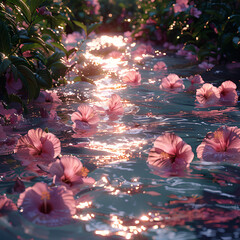 rose water in a pond with hibiscus close-up, aesthetic mood, shine - obrazy, fototapety, plakaty