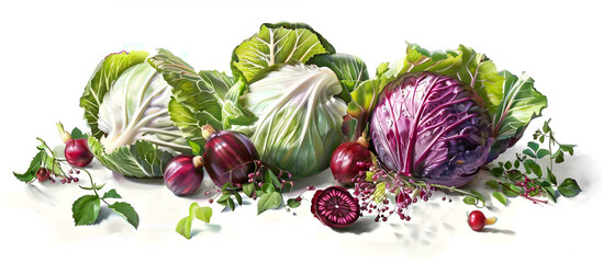 
Appetizing raw and fresh cabbages arranged on a white surface
 - obrazy, fototapety, plakaty