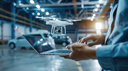 using laptop computer,Control drone delivery to customers,business concept autonomous vehicle robot air transportation industry, controller remote drone with artificial intelligence AI generated
